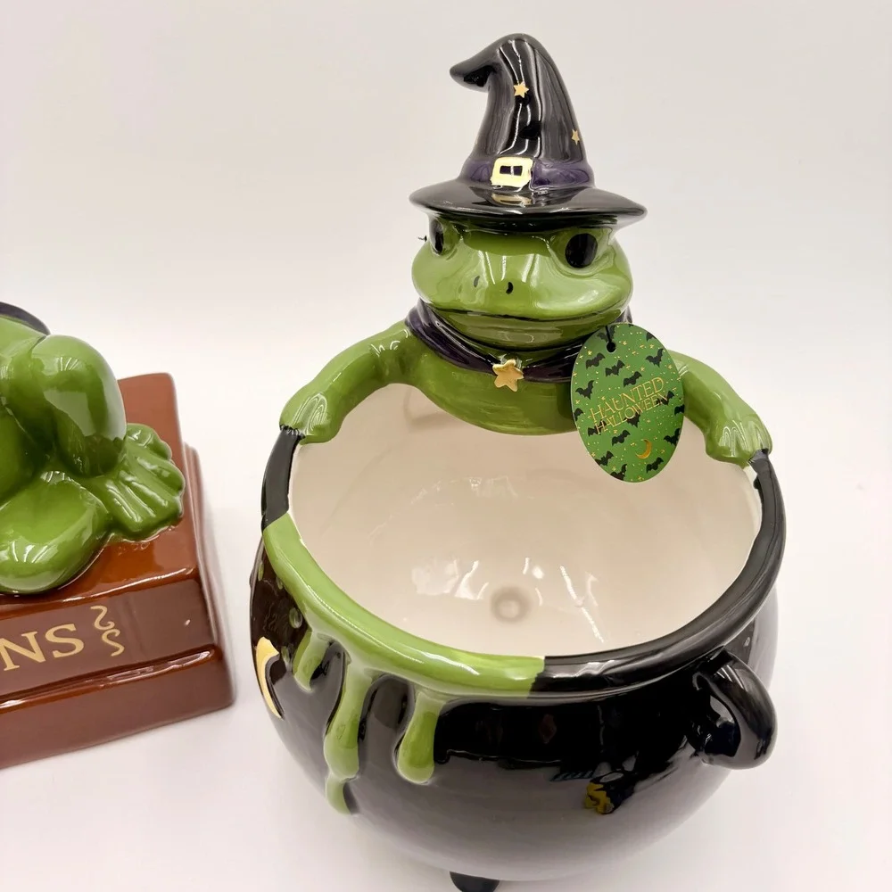 Haunted Halloween Ceramic Witch Frog Cookie Jar and Cauldron Candy Dish Set NEW